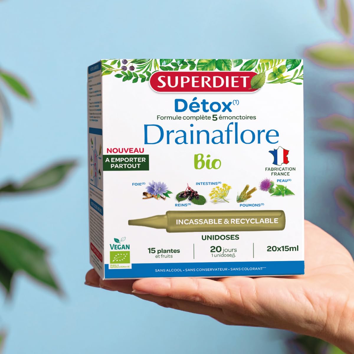 SUPERDIET- DRAINAFLORE BIO - Programme complet de détoxification des 5 émonctoires - Made in France -Format nomade-20 Unidoses de 15 ml