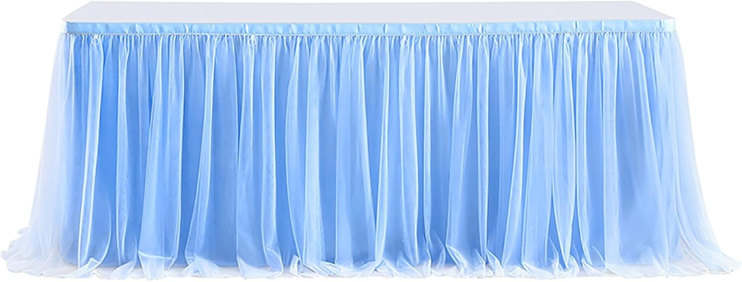 Tulle Tables Skirt, Three-Layer, Light and Delicate Party Table Skirts, for Wedding, Birthday, Party, Cake & Dessert Table Decor(Blue,9FT)