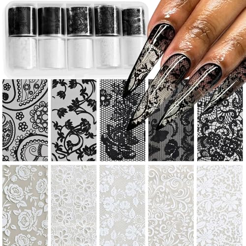 Lace Nail Foil Sheets 10 Rolls Black White Flower Nail Foils Transfer Nail Art Stickers Holographic Foils for Nail Design Decals DIY Nail Art Supplies
