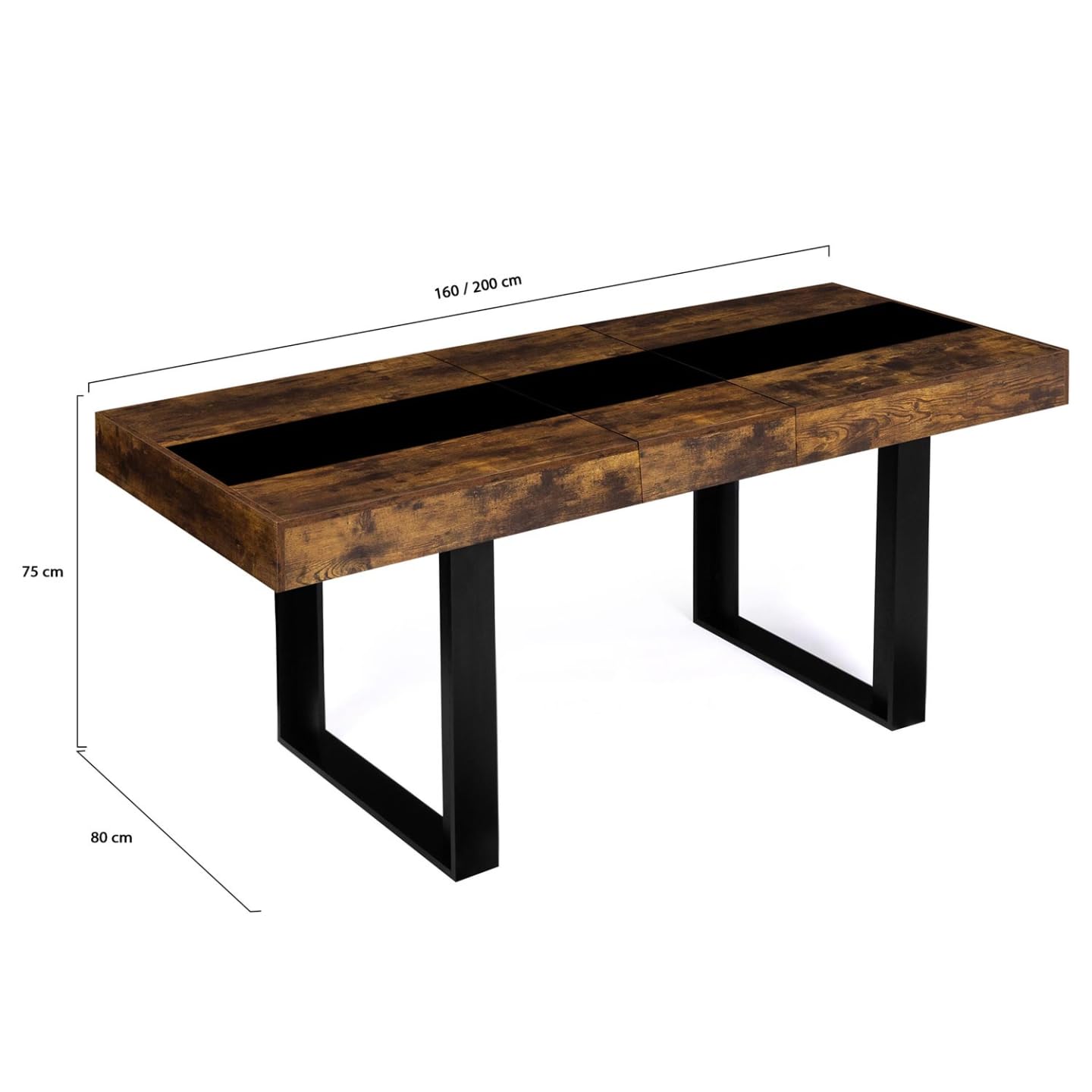 IDMarket - Table à Manger Extensible Rectangle Phoenix 4-8 Personnes Bois Effet Vieilli et Noir Bande Centrale Noire 160-200 cm