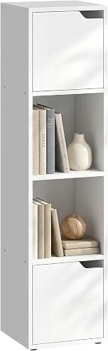 HOMCOM Estantería para Libros con 2 Puertas 4 Niveles 30x29x119 cm Blanco | Estantería Estrecha y Alta, Librería, 2 Estantes Abiertos, Armario Alto, para Salón Estudio Oficina