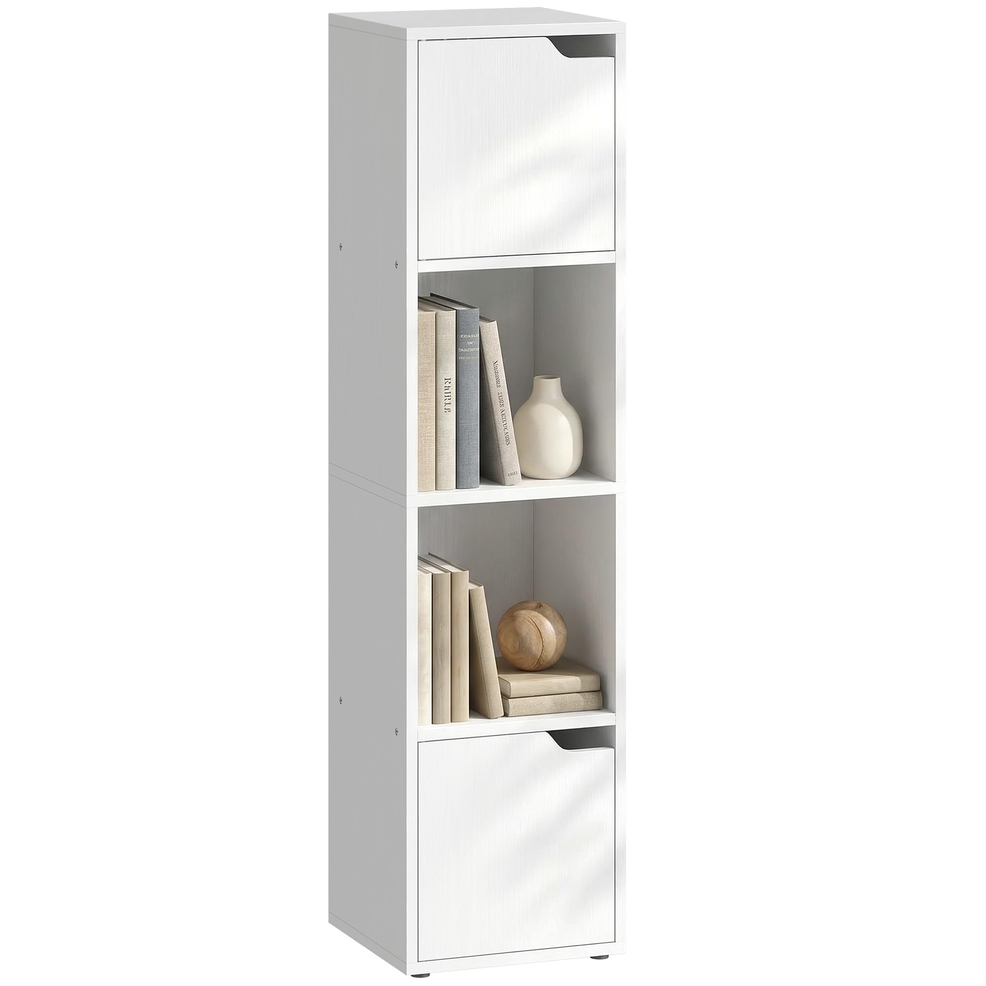 HOMCOM Estantería para Libros con 2 Puertas 4 Niveles 30x29x119 cm Blanco | Estantería Estrecha y Alta, Librería, 2 Estantes Abiertos, Armario Alto, para Salón Estudio Oficina