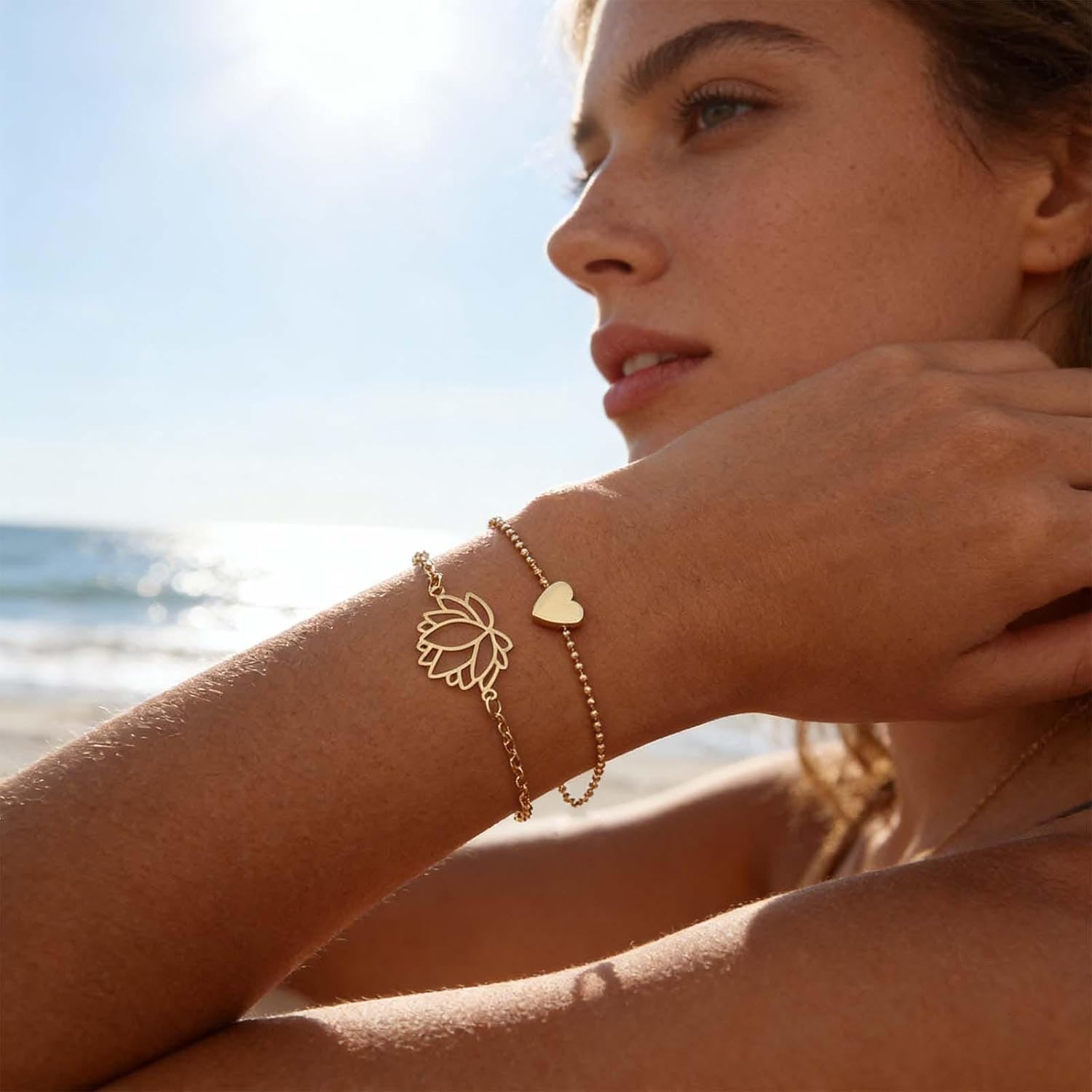 Boho Lotus Flower Bracelet Gold Tiny Heart Bracelet Hollow Floral Bracelet Water Lily Bracelet Love Heart Bangle Bracelet Adjustable Flower Hand Chain Bracelet Jewelry for Women - Image 2