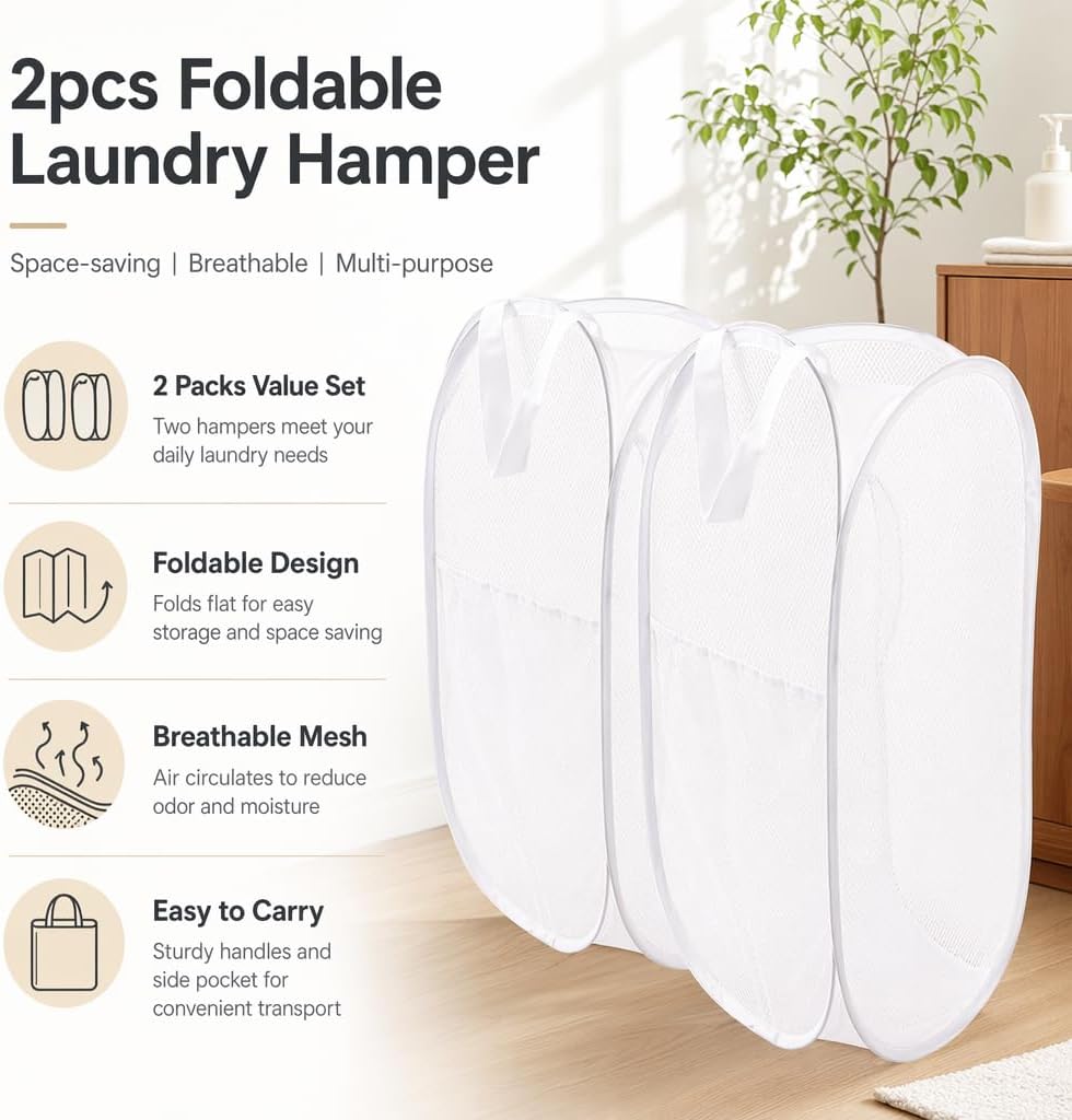 2-Pack Mesh Pop Up Laundry Hamper with Side Pocket, White