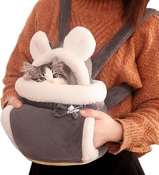Pet Carrier Backpack, Cozy Adjustable Pet Front Backpack Cats Safety Carrier Travel Bag, Super Cute, Easy-Fit Traveling Hiking Camping for Puppies, Small Dogs & Cats,Grey,26 * 20 * 25 CM