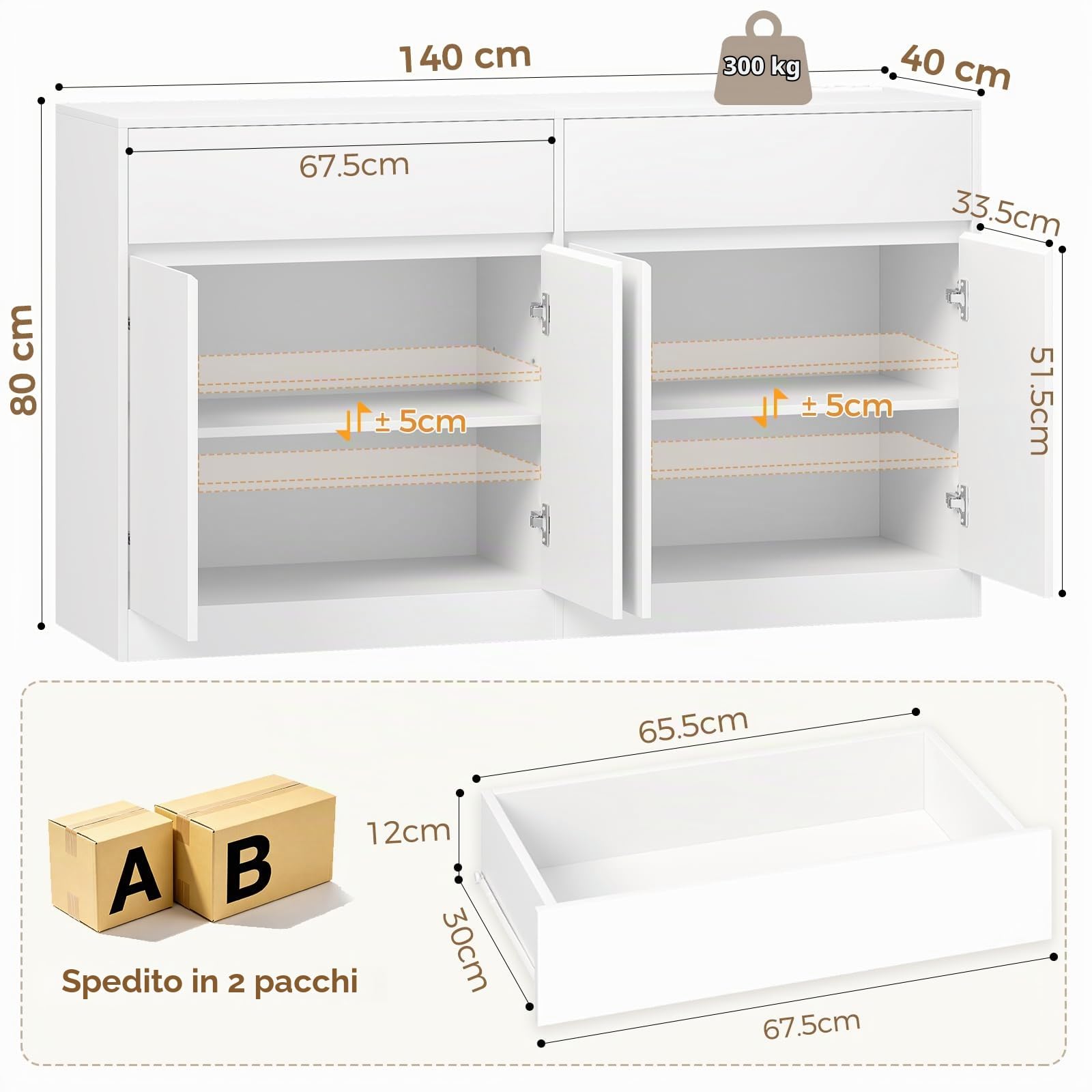 BEWISHOME Credenza Cucina, Credenza Soggiorno, Presa con Elettrica Bianco | 140×80×40cm Mobile cucina con 2 Cassettie 4 Ante Mobile Buffet Ripiani Regolabili Stile Modernoper Ambiente Pranzo Soggiorno