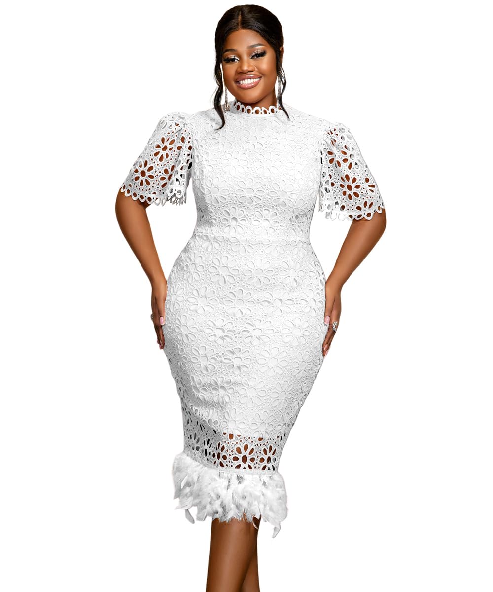 AOMEI Womens Summer Hollow Out Lace Dress Short Sleeve Stand Collar Feather Bodycon Business Cocktail Party Dresses