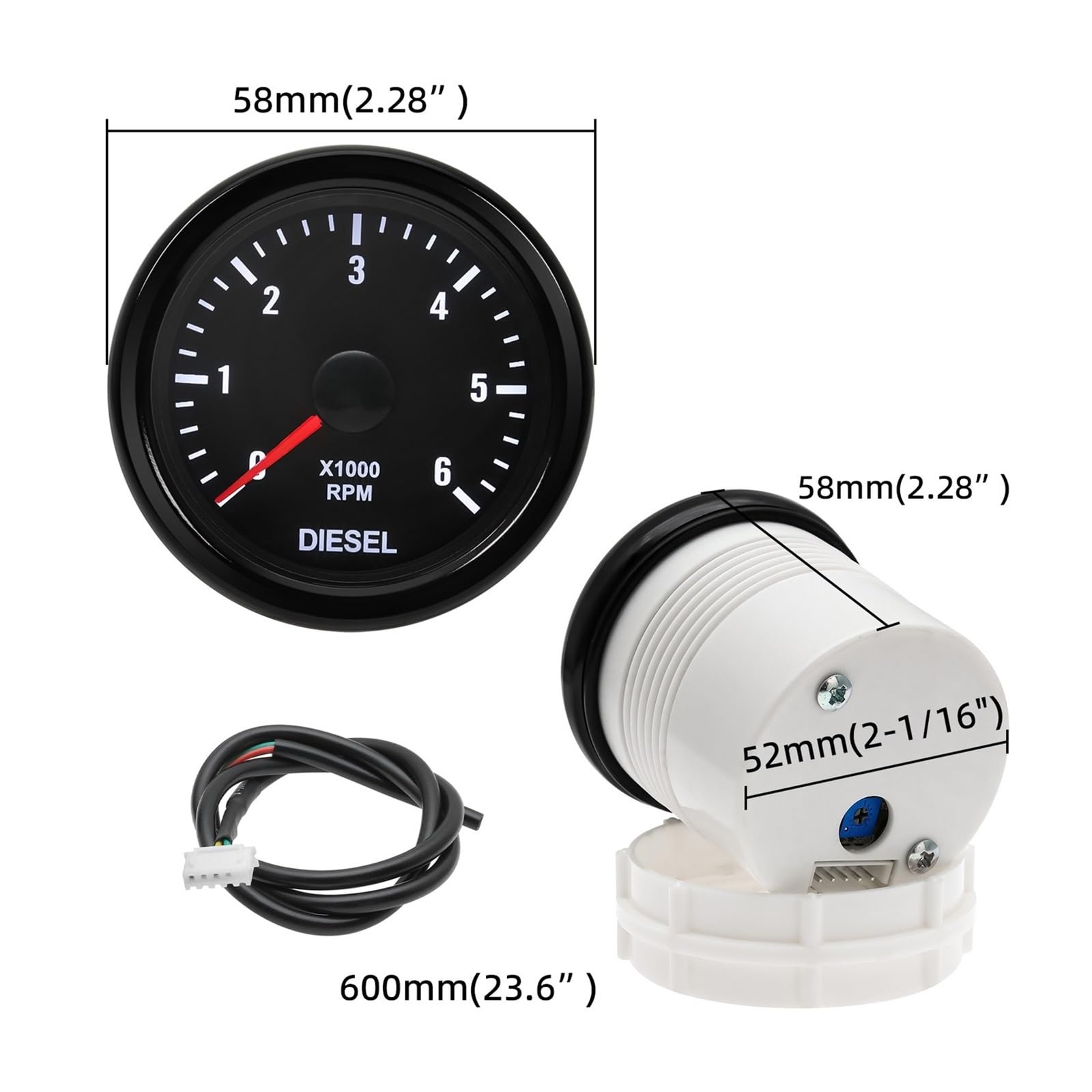 Contachilometri digitale Contagiri elettrico da 2" 52 mm, 0-6000 giri/min, retroilluminazione bianca, per cilindri da 1 a 20, per motore per diesel da 12 V