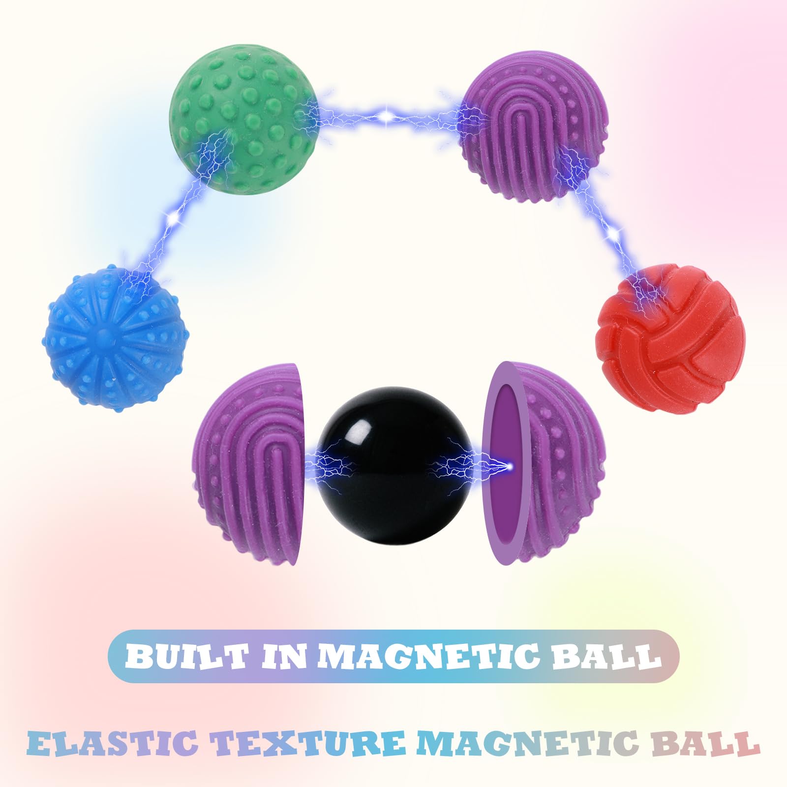 Tinoaly 4pcs Magnetic Texture Ball Toy, Silicone Magnetic Fidget Balls for Relaxation Focus Tools Soft Silicone Texture Fidget Ball for Adults Kids Travel Gifts (4 Styles) - Image 4