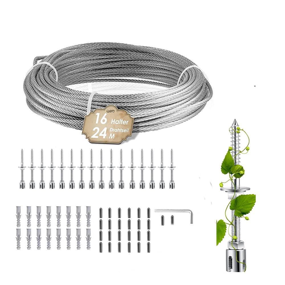 NEWFUN Enrejado de Alambre de Jardín para Plantas Trepadoras, 24 m, 16 Soportes, Soporte de Acero Inoxidable para Plantas Trepadoras como Rosas, Parras y Tomates, Soporte para Plantas Trepadoras