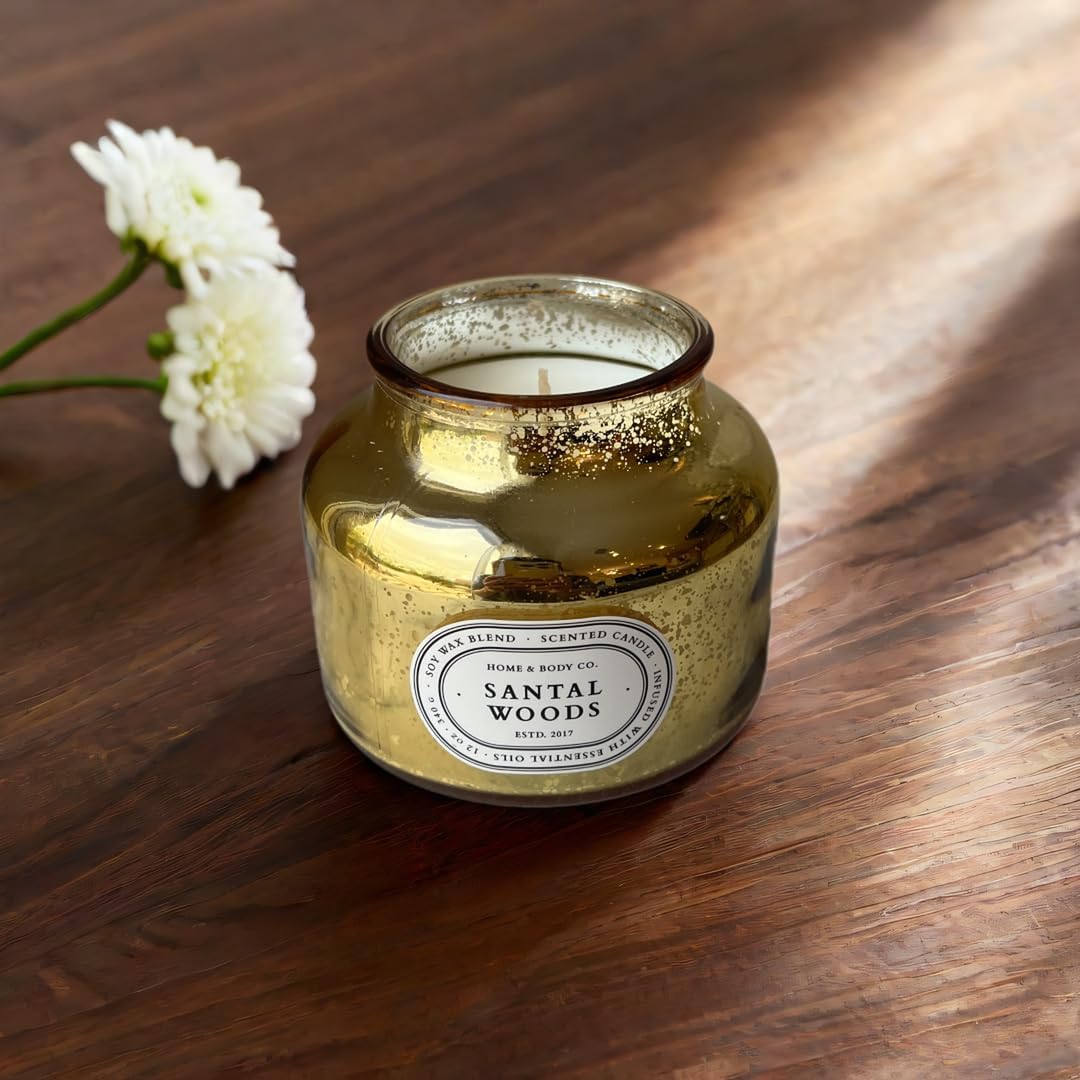 Home&Body Company Scented Candles 12 OZ Fragranced Candle, Soy Blend Wax, Infused with Essential Oils, Home Fragrances, Aromatherapy Home Scented Candles Gift, Scent: Santal Woods