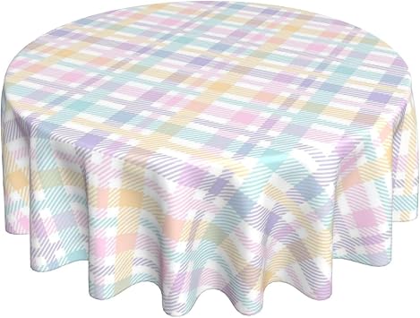 Spring Round Tablecloths 70 Inches Colorful Plaid Decorative Round Tablecloth Home Decoration Washable Reusable Easter Pink Purple Yellow Table Cover for Home Kitchen Dining Room Party