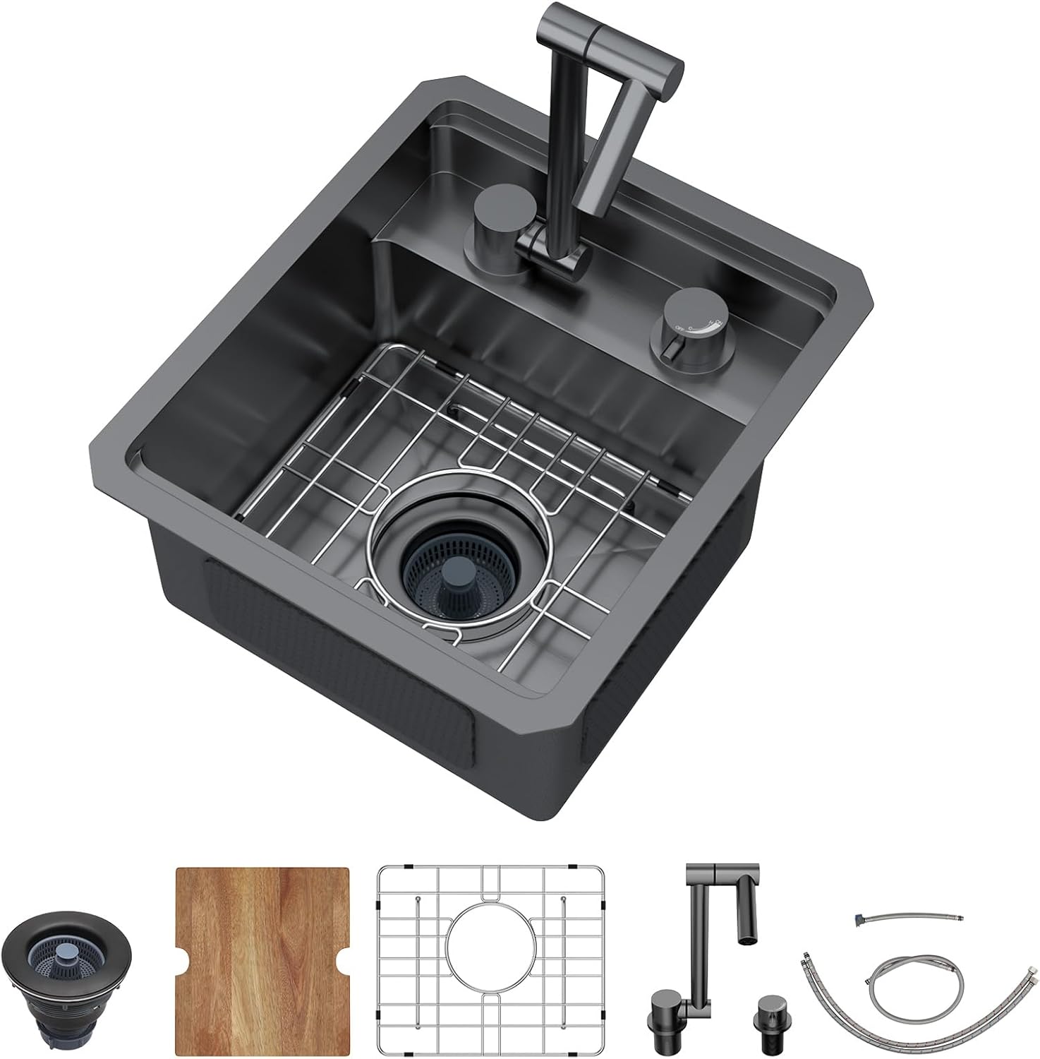 RV Kitchen Sink - 13 x 15 x 7 Inch Undermount Bar Sink with Faucet, Workstation Gunmetal Black 16 Guage Stainless Steel Single Bowl Sinks For RV, Boat, Kitchen Bar, and Outdoor #TLRV-0015