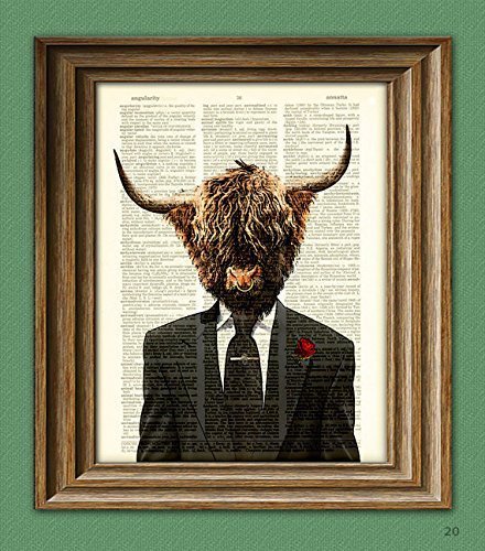 Shamus MacFurry the Highland Bull Cow In a Suit and Tie Illustration Beautifully Upcycled Dictionary Page Book Art Print