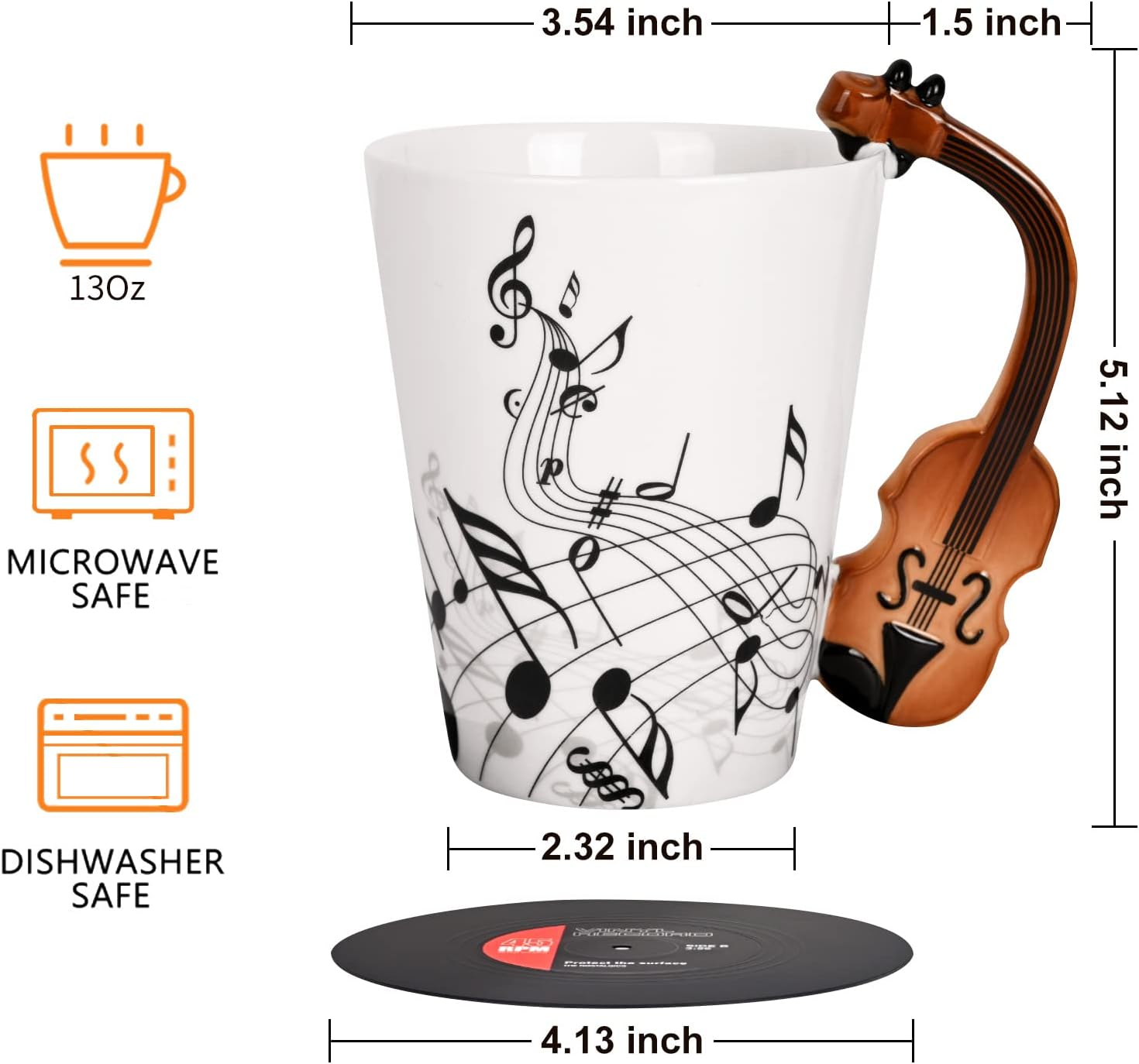 Maustic Novelty Violin Mug - 13 Oz Ceramic with Vinyl Record Coaster, Perfect for Music Lovers, Musicians, and Violinists - Ideal for Christmas or Birthday Gifts - Image 7