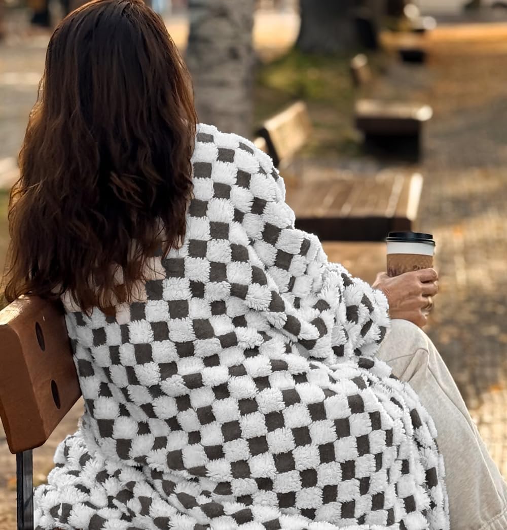 Checkered Throw Blanket - Shaggy Sherpa Throw Blanket for Couch, Chair or Bed. Cozy Soft and Preppy for Women. Lightweight & Breathable for Gentle Warmth Fun Colors 50x65 inches. (2X Charcoal)
