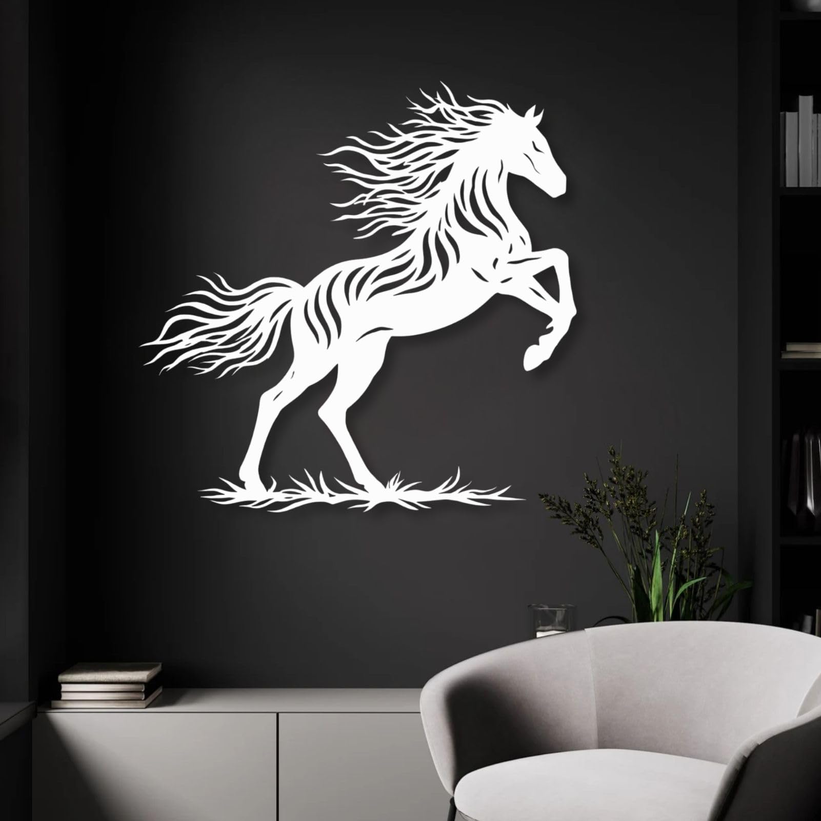 Schwarzes Metallpferd als Wandbild für Wildtiere, Wanddekoration im Landhausstil, Wanddeko für Schlafzimmer, Wohnzimmer, Flur und Treppenhaus, Natur-Wohndeko (Schwarz, 35" × 3")