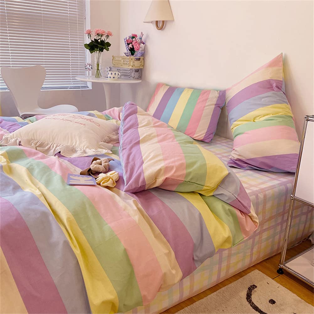 Koudi Ropa de cama infantil de 140 x 200 cm, multicolor con diseño de rayas arcoíris, funda nórdica con cremallera y funda de almohada de 70 x 90 cm