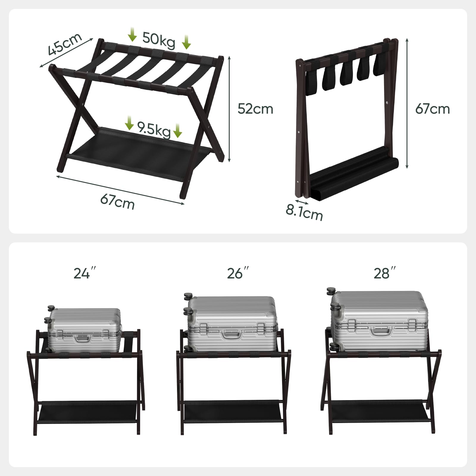 Smart FENDEE 2er-Set Bambus Gepäckträger, Faltbarer Gepäckträger mit Stoffablage, Geeignet für die Meisten Gepäckgrößen, Hält bis zu 59 kg, Ideal für Gästezimmer, Hotel (Braun)