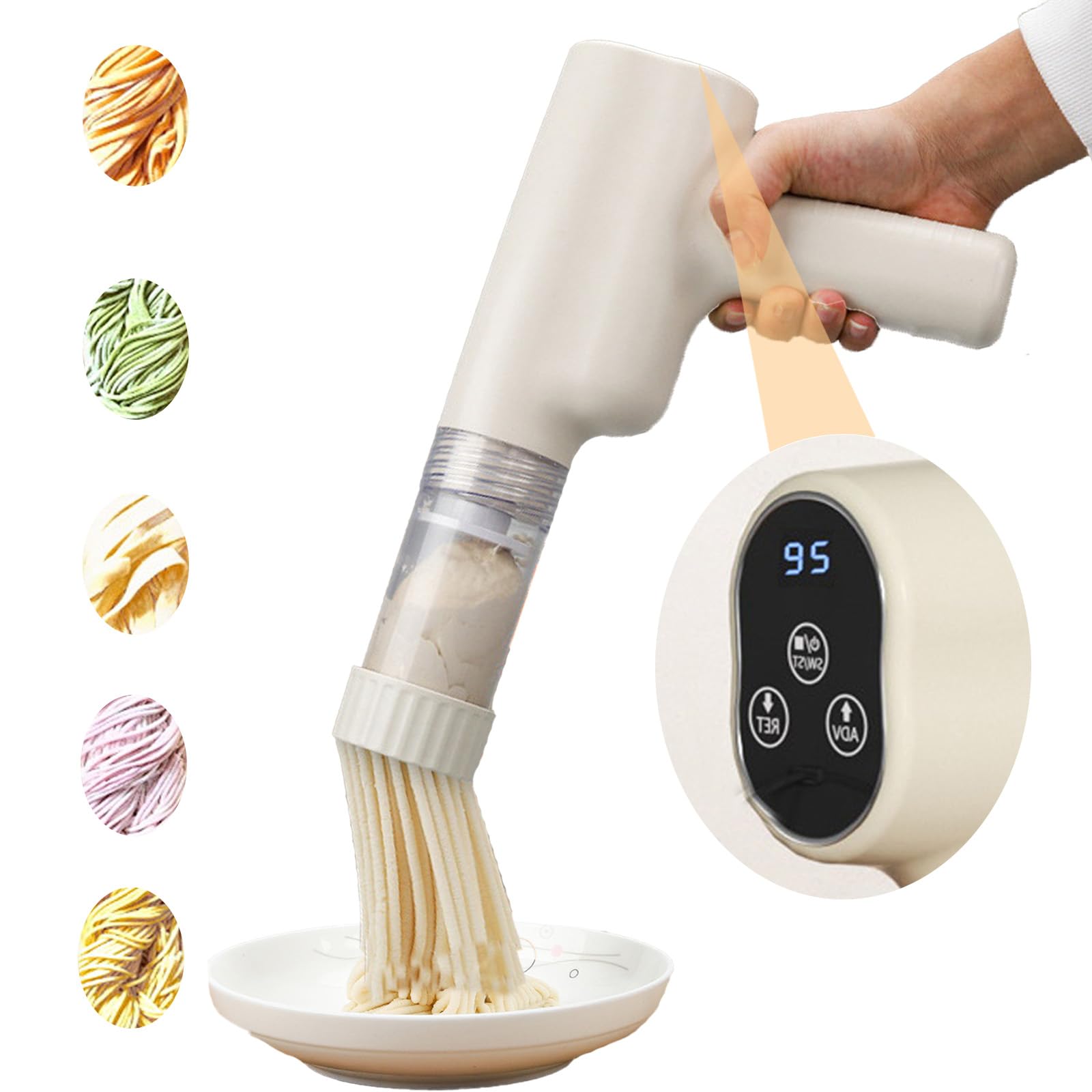 Presses à Pâtes électriques, Machine à Pâtes électrique avec 7 Moules à Nouilles Portable Machine à Pâtes Fraîches Rechargeable 1300mAh ABS Machine à Pâtes pour Spaghetti Fettuccine Beige