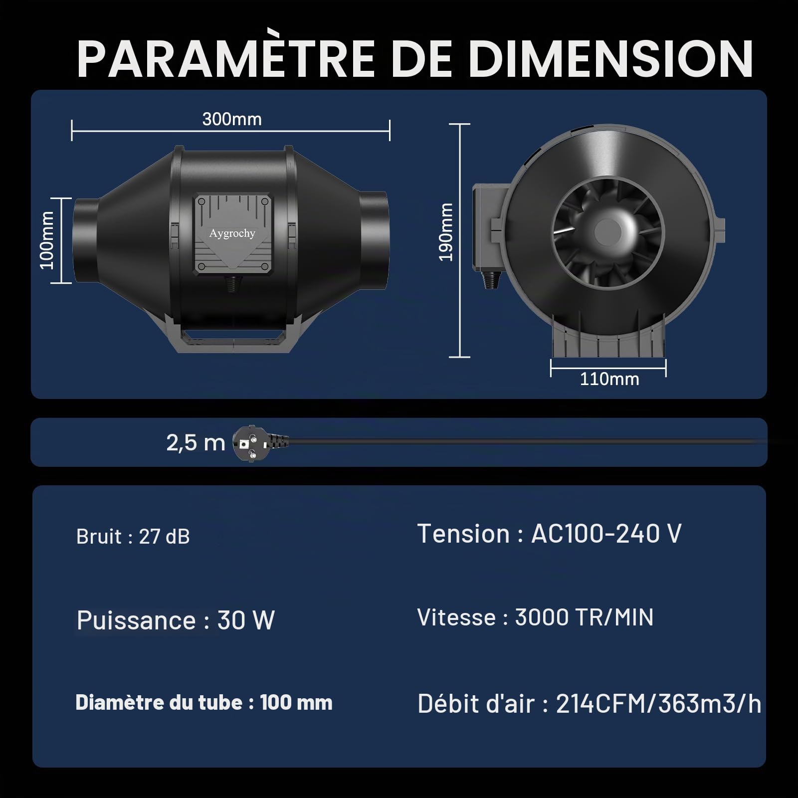 Aygrochy 100mm Ventilateur tubulaire réglable, moteur EC triphasé avec contrôleur de vitesse pour la ventilation, adapté aux tentes de culture, aux boîtes de culture, aux serres, à la culture hydropo