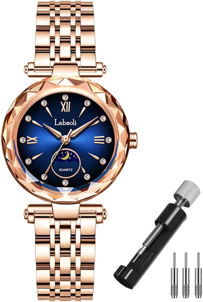 Watches for Women Rose Gold Stainless Ladies Female Fashion Luxury Diamond Dress Business Waterproof Quartz Girls Crystal Blue Wrist Watch