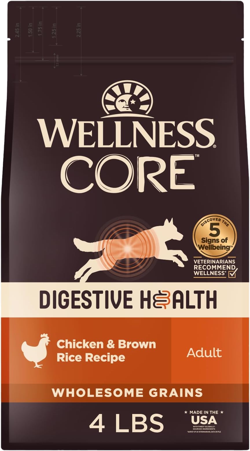Wellness CORE Digestive Health Adult Dry Dog Food, Wholesome Grain Kibble, Sensitive Stomach, Natural, High Protein, Chicken Recipe, 4 lb Bag