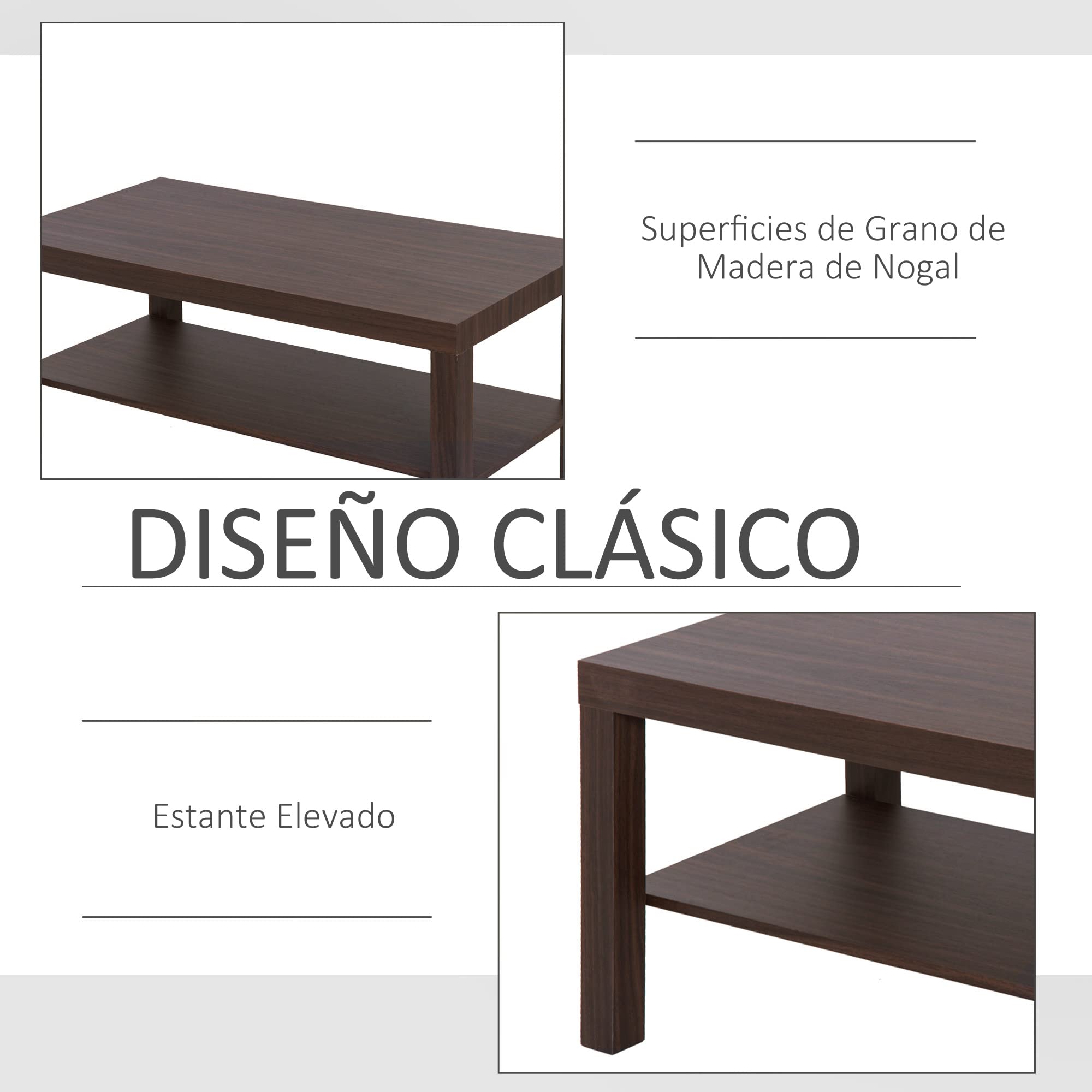 HOMCOM Mesa de Centro, Mesa de Café para Salón con Estante Abierto, Tablero Grueso, para Sala de Estar, Comedor, Oficina, 90x45x44,5 cm, Nogal