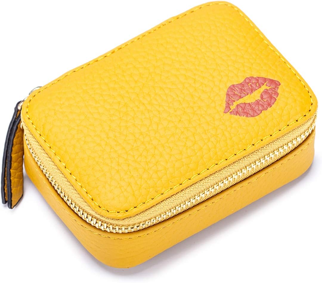 Mini Lippenstift Case Houder Doos met Spiegel Echt Leer Kleine Reizen Make-up Cosmetische Pouch Bag Opslag Kit voor Vrouwen Meisjes, Geel, S, Make-Up Pouch