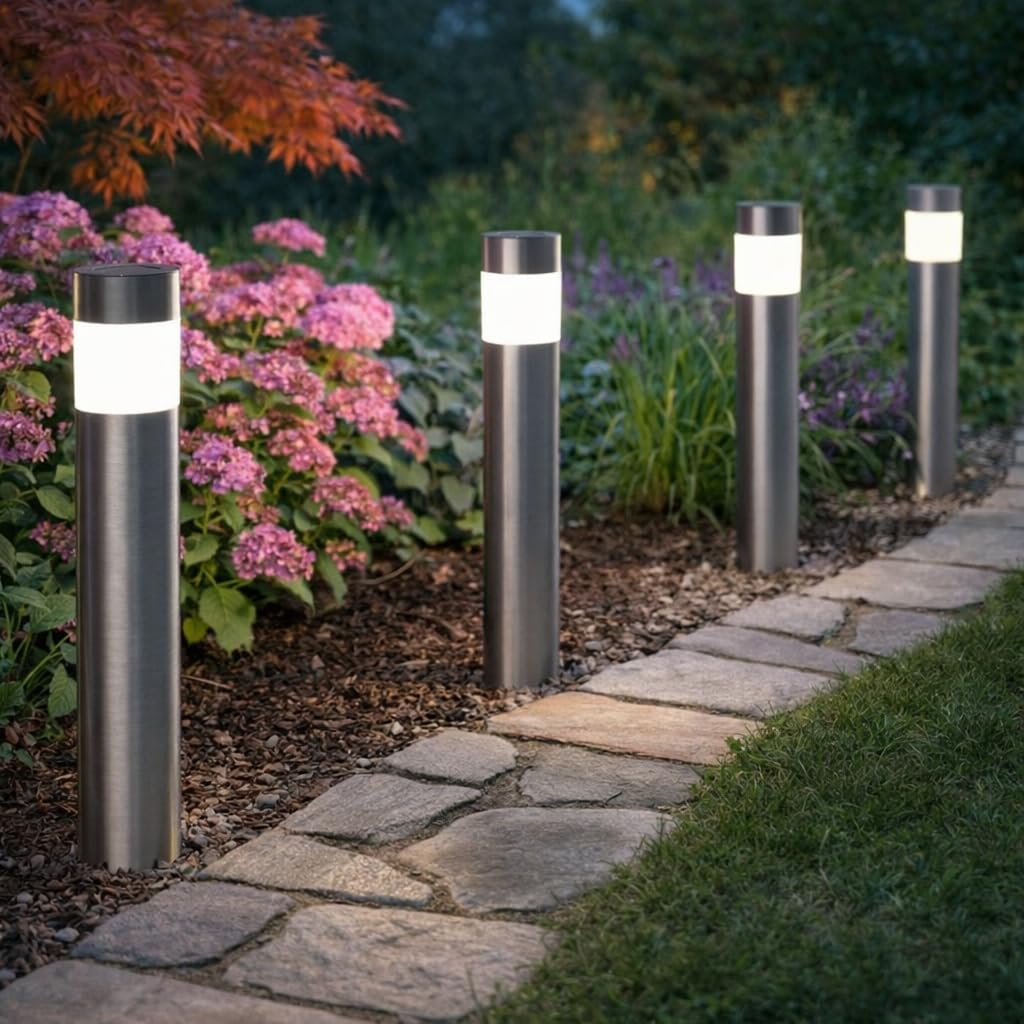 Garden Mile Set of 4 Modern Stainless Steel Solar Garden Lights - Solar Powered, Waterproof, Anti-Rust, Auto ON/OFF - Perfect for Garden, Patio, Lawn - 4pc Bollard Lights - 35cm