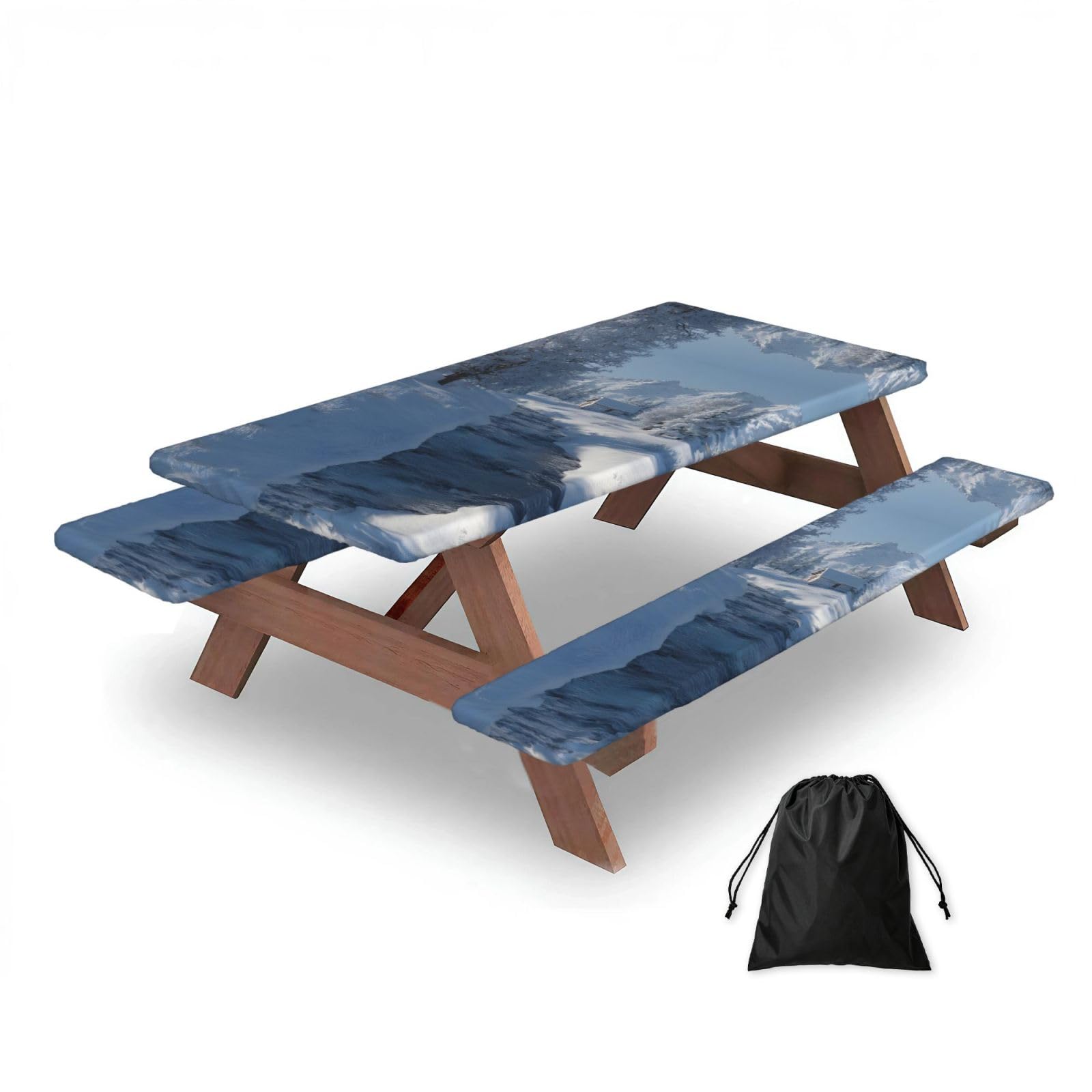 ESNAIUVCD Snow Scenery Print Picnic Table Cover With Bench Covers,Camping Essentials,Fitted Tablecloth Cover With Elastic Edge, For Indoor & Outdoor 3 Pcs