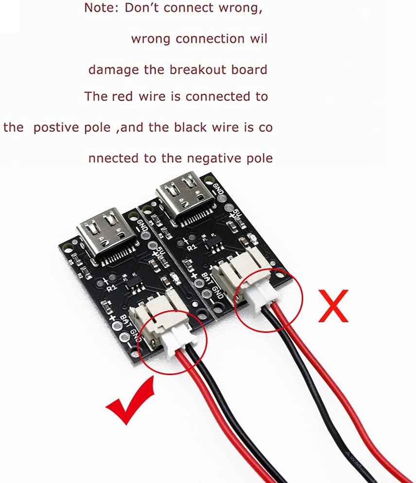 Image illustrating correct and incorrect JST battery connection polarity