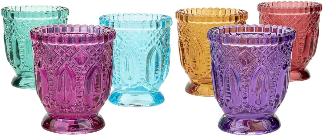 Koyal Wholesale Jewel Tone Votive Vintage Glass Candle Holders, 6-Pack, Multicolor Jewel Candle Set of Votives