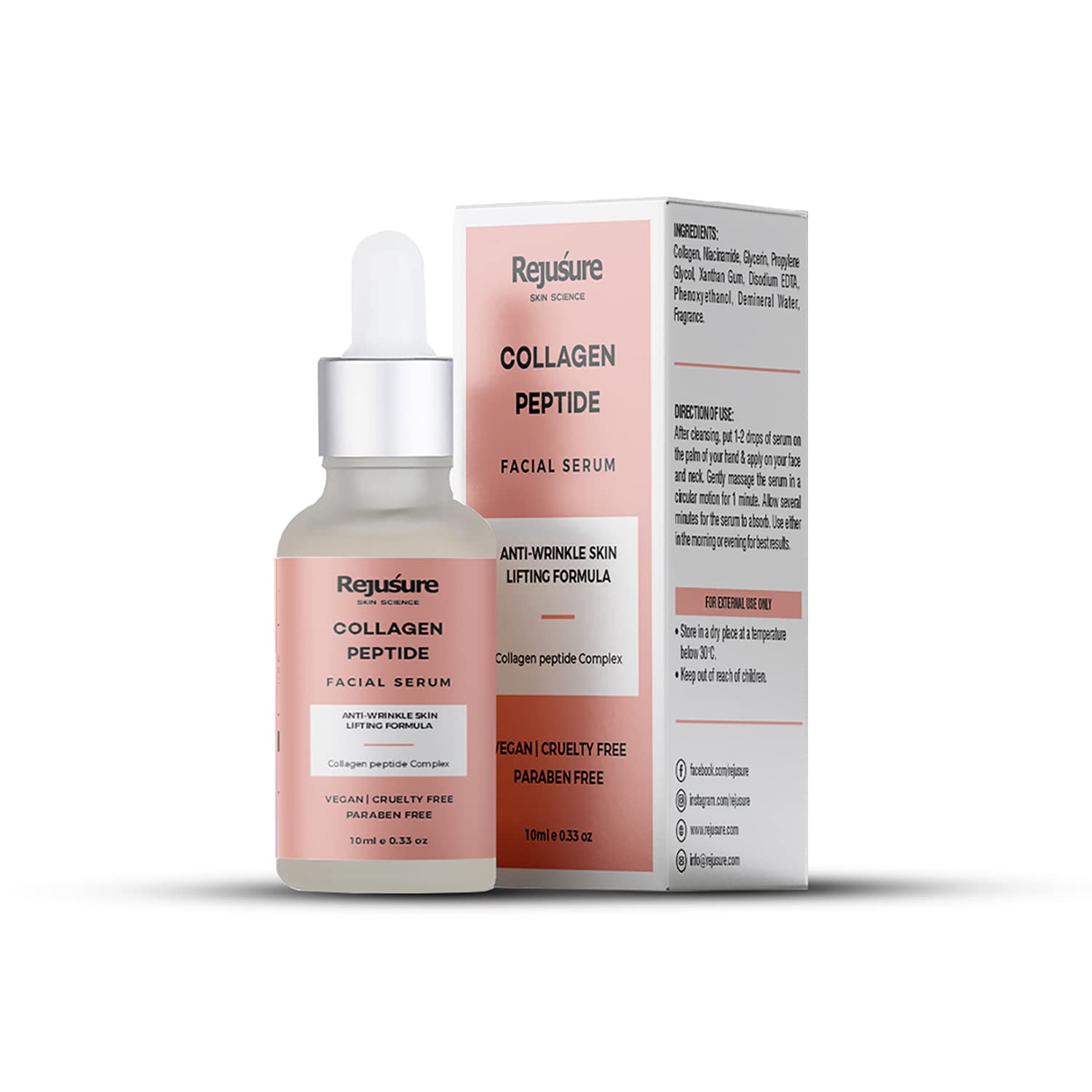 Rejusure Collagen Peptide Face Serum - Skin Elasticity | Wrinkles | Antiaging | Skin Texture | Deep Moisturization | Men & Women | Overnight Repair - 10ml