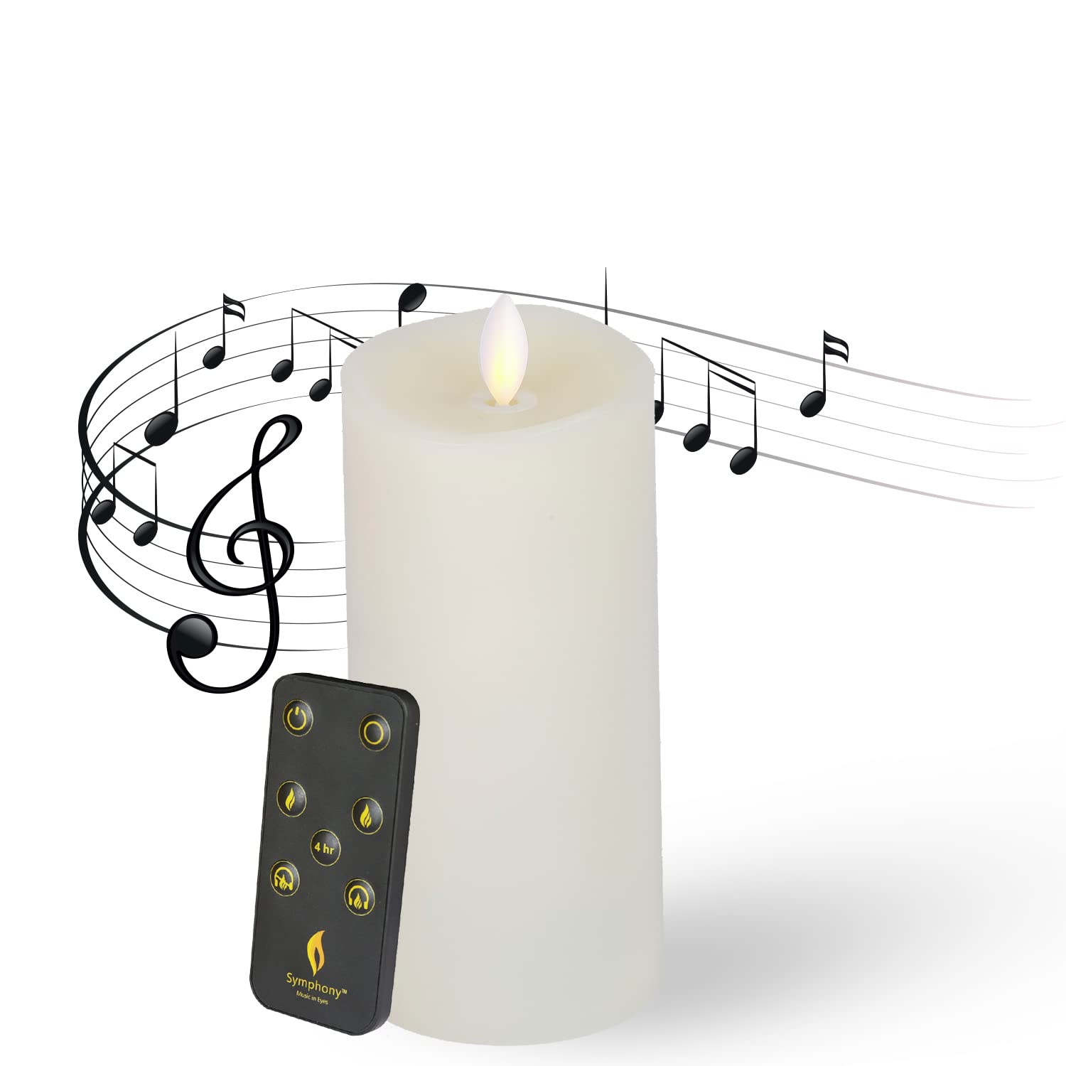 Symphony LED Flameless Candle | Classic Ivory Smooth 7 Inch 100% Paraffin Wax Battery Powered 500 Hour User Time with Remote Control | Music Flickering for Home, Office, Party, Bath