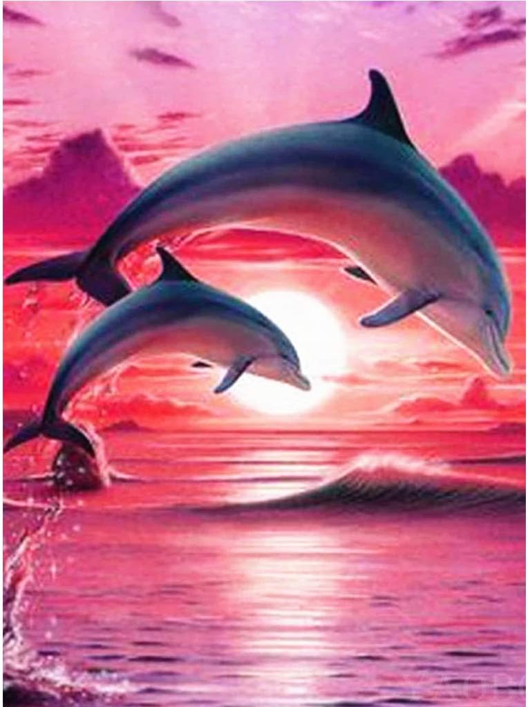MXJSUA DIY 5D Dolphin Diamond Painting by Number Kits for Adults, Sunset Diamond Art Kits for Kids Animals Full Drill 5D Diamond Painting Rhinestone Arts Craft for Home Wall Art Decor 30x40cm