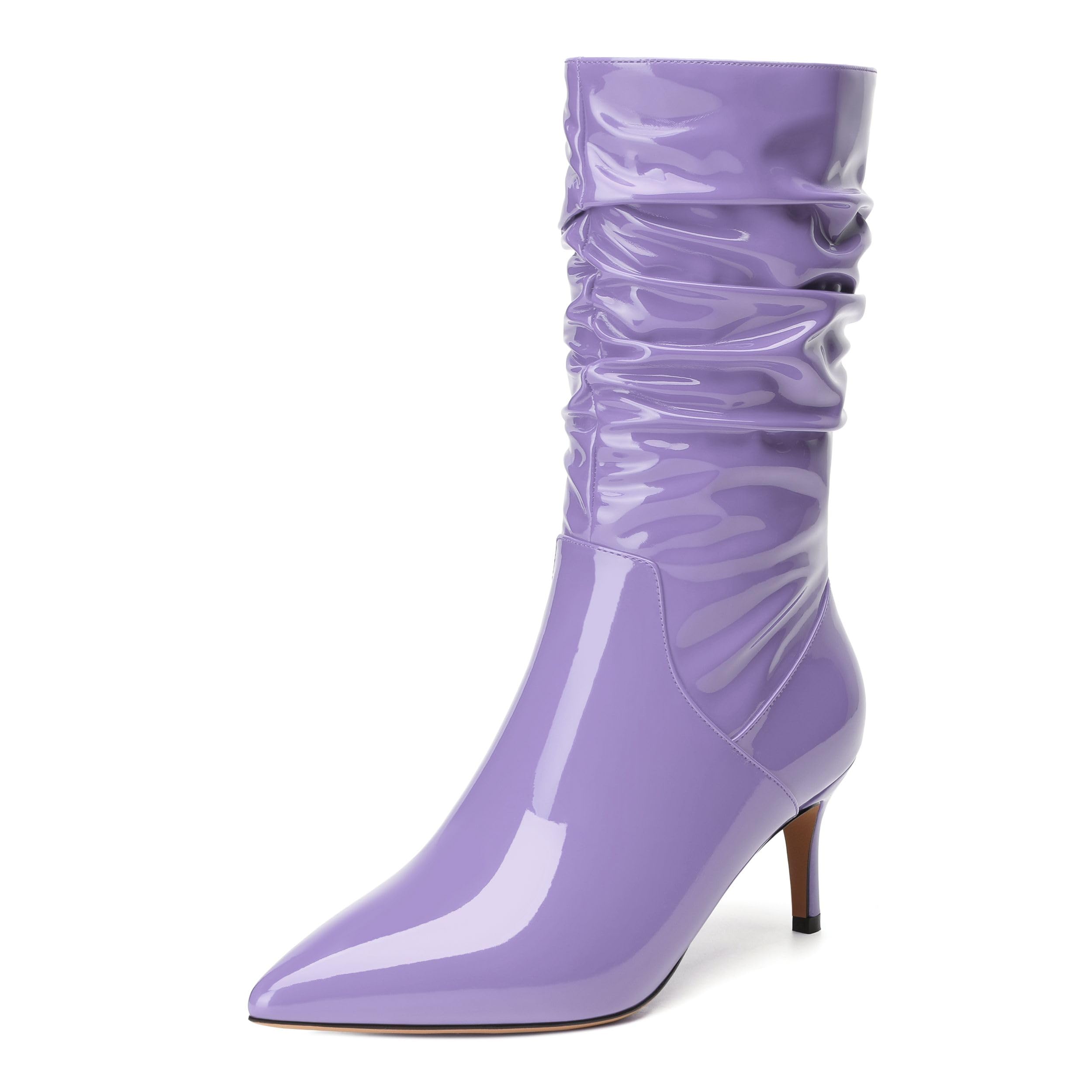 Womens High Heel Mid Calf Slouchy Boots Pointed Toe Zip Fashion Boot Lavender Patent Size 8 5