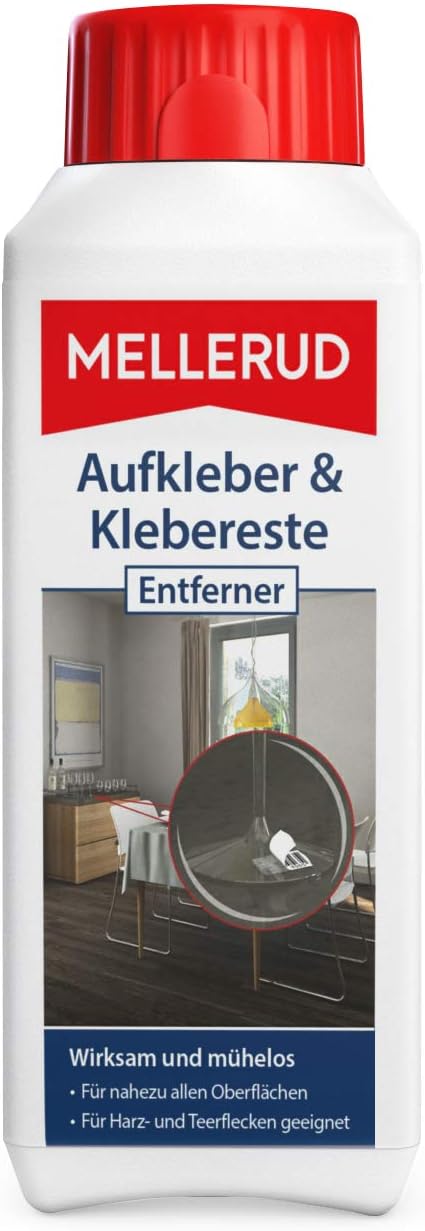 MELLERUD Aufkleber & Klebereste Entferner – 0,25l, Für Glas, Metall, Kunststoff & Mehr