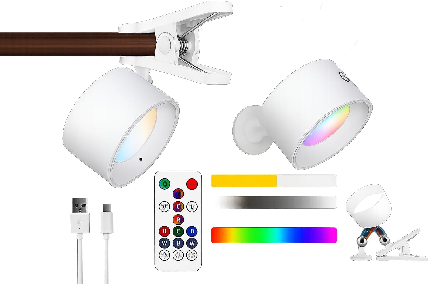MURCY LED Wall Mounted Lights | Rechargeable Cordless Wall Sconces with Remote | 3 Color Temperatures, 360° Rotation, Magnetic Clamp, Dimmable Lamp for Living Room & Bedside (2)