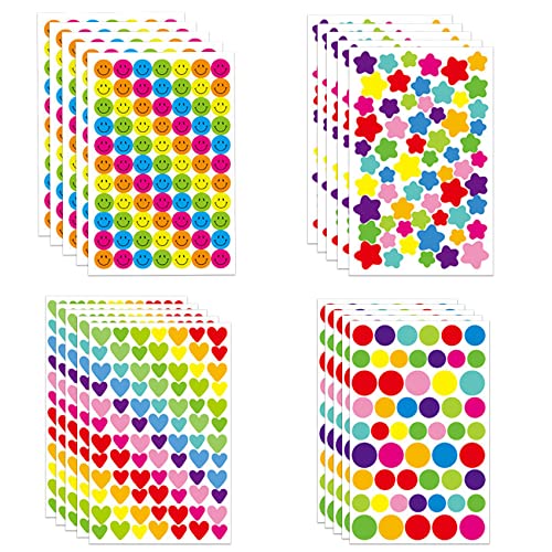 vgggrd 20 Feuilles Gommettes Autocollantes Enfants, 1375 Pièces Kids Stickers Forme de Coeurs Étoiles Pois Autocollants Colorés pour DIY Accessoires...