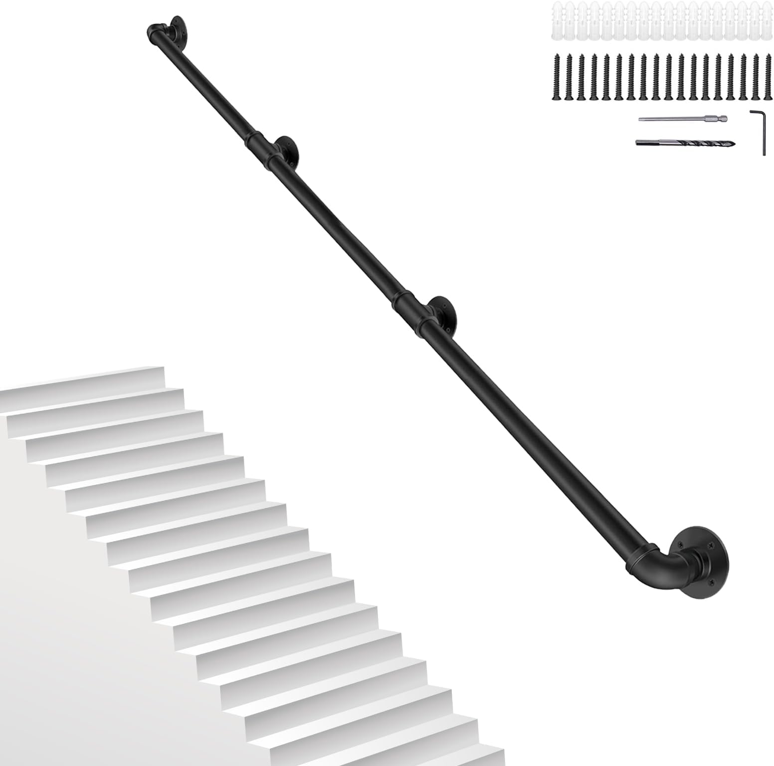 12FT/3.6M Pipe Stair Handrail Metal Railing Staircase Handrails Wall Mount Non-Slip Safety Stair Rail Outdoor Indoor Industrial Pipe Handrail Black Step Baluster Handrail