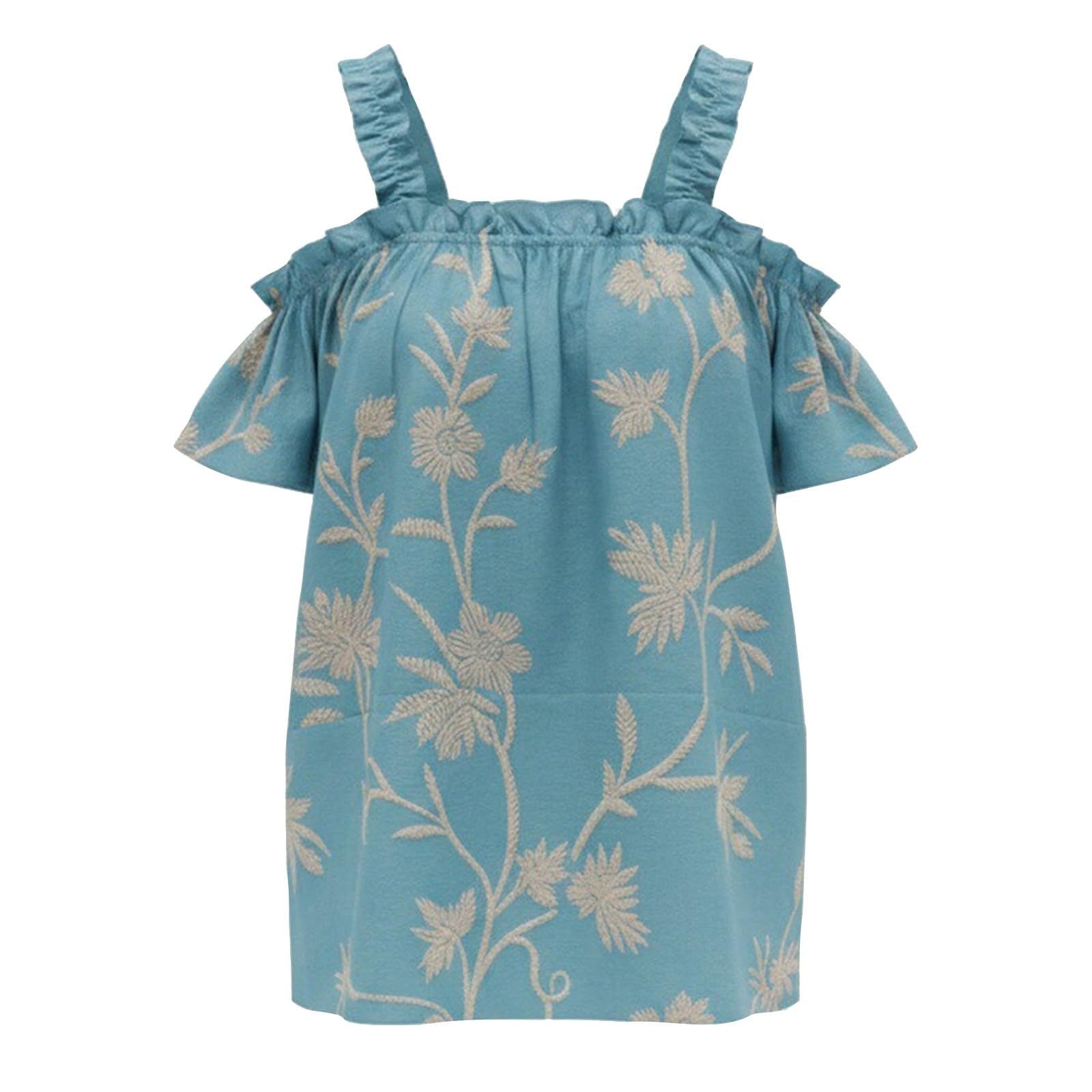 Top da donna con spalle scoperte, maniche corte, ricamato, largo