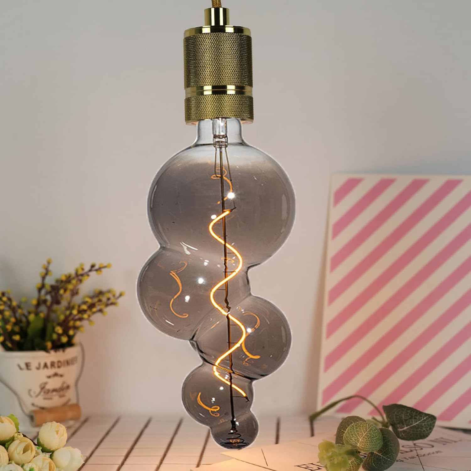 Lxcom Lighting Decorative Large Vintage Light Bulb Bubble Shaped Light Bulb 4W LED Oversized Edison Bulb Warm White 2300K Smoky Grey Glass Spiral Flexible Filament Bulb E26 Base for Home Resturant
