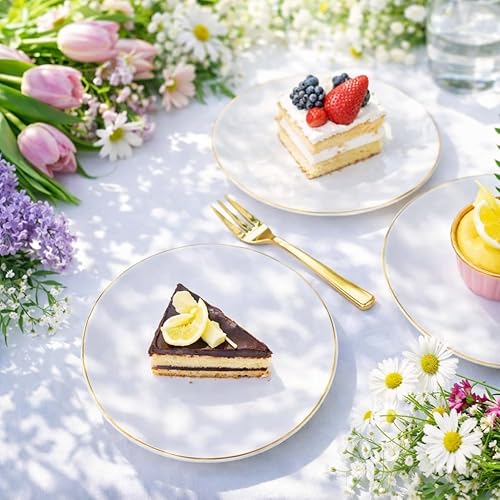 Miniatura 6 de Festiva 200 platos dorados de postre de 6.3 pulgadas con tenedores de 5 pulgadas, platos pequeños desechables para postre, pasteles, aperitivos, Oro