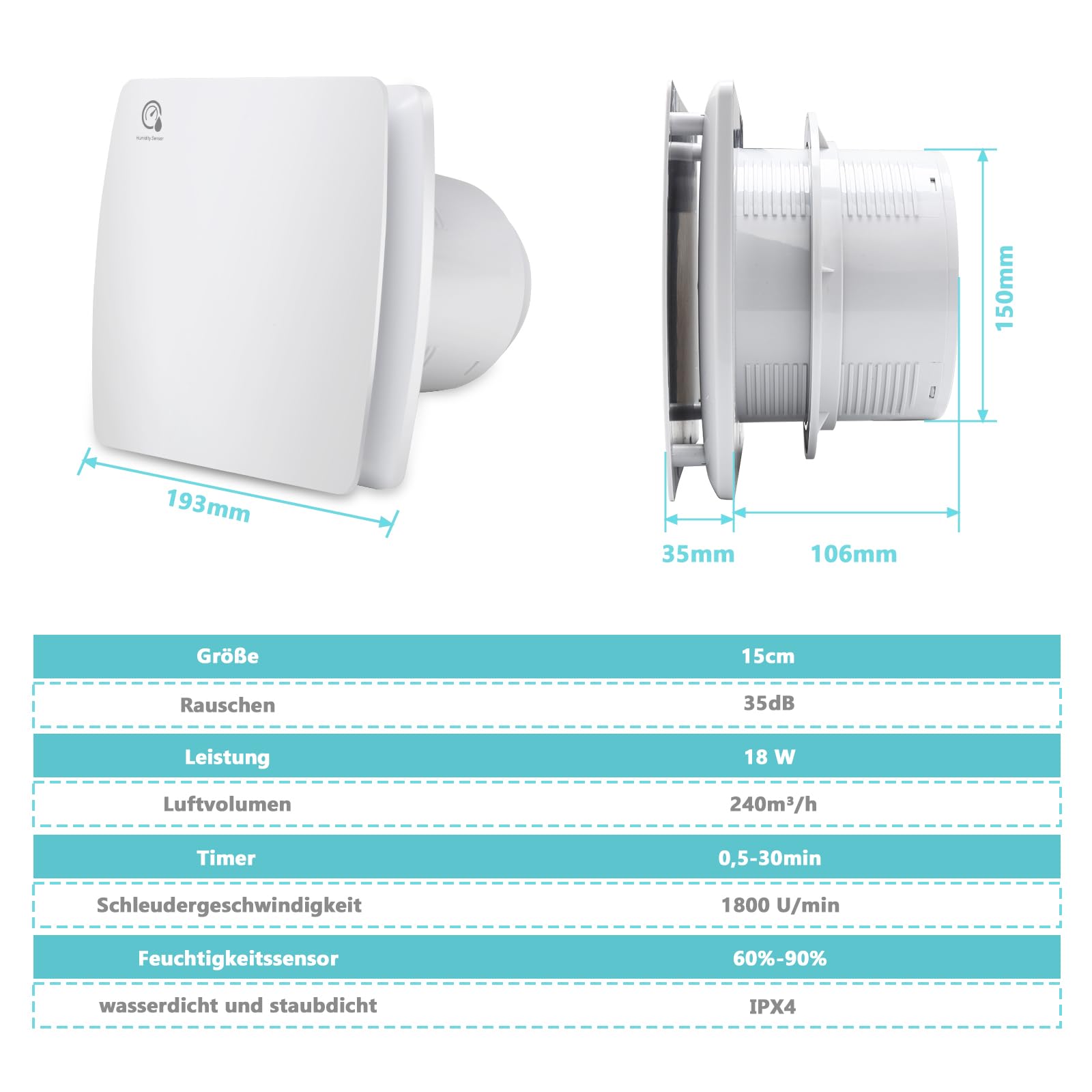 Randaco Wentylator łazienkowy 150 mm z czujnikiem wilgotności, wentylator wylotowy, regulowany czas wybiegu, z timerem, wentylator ścienny, kuchnia, WC i łazienka