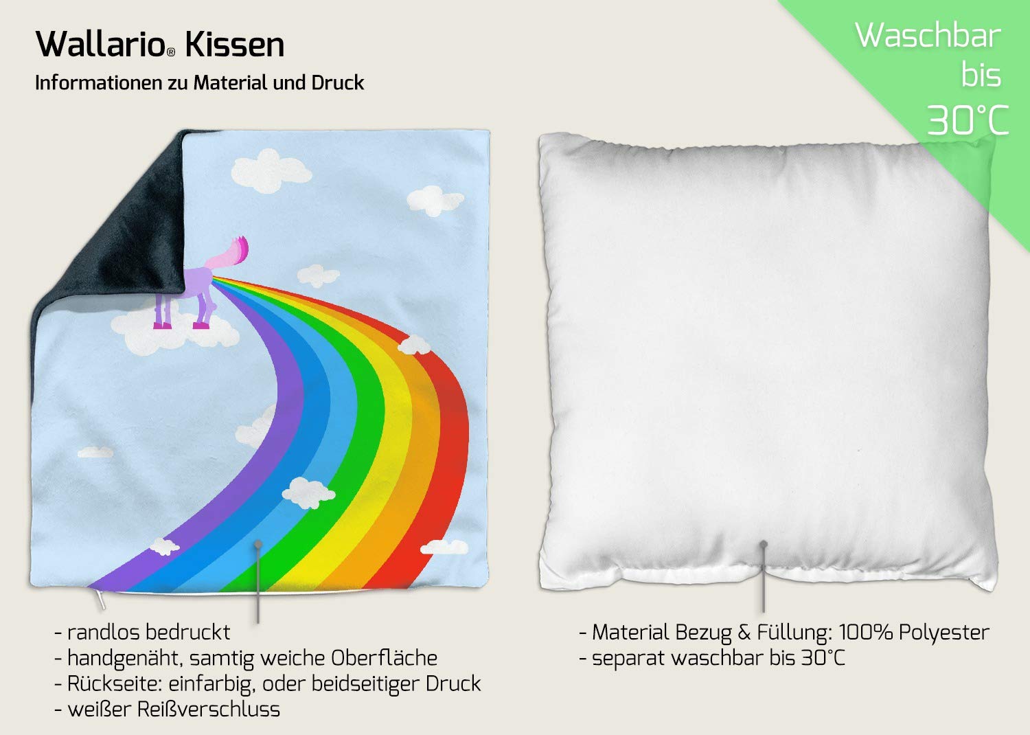 Wallario Dekokissen 30 x 30 cm, Einhorn mit Regenbogen aus dem Hintern, beidseitig Bedruckt, Kuschelkissen mit weicher Plüsch-Oberfläche