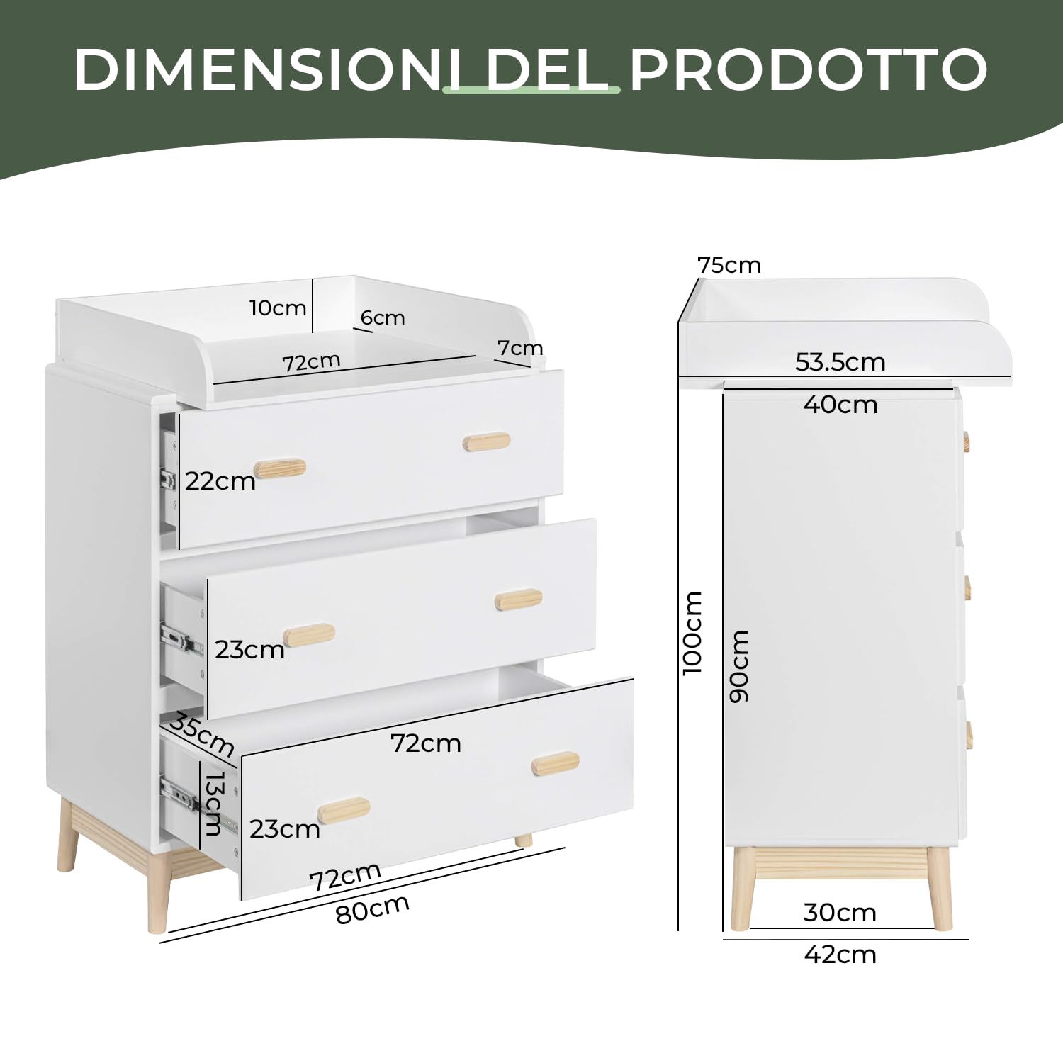 Rebecca Mobili Fasciatoio con Cassetti 3 Cassetti Bianco Marrone MDF Pino 100x80x42 cm