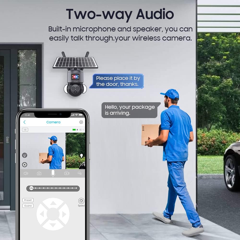 App interface showing two-way audio and PTZ controls
