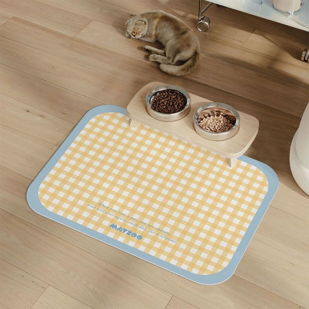 Mateju Dog Food Mat, Absorbent Quick Drying Pet Feeding for Water, Cute Plaid Print Bowl-Mat Non-Slip Cat Food Mats, Puppies & Kittens for Bowls (Yellow,40x50cm)