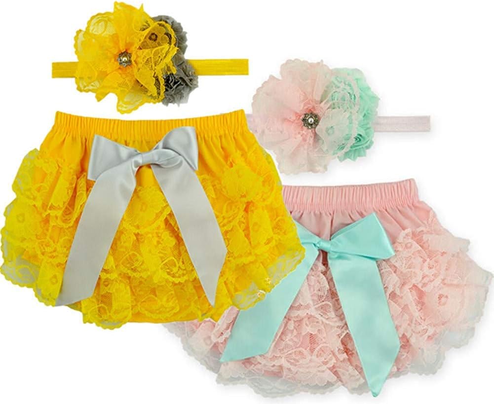 Toptim Baby Girl's Bloomer + Headband Set Lace Diaper Covers (6-12 Months,Yellow Pink)
